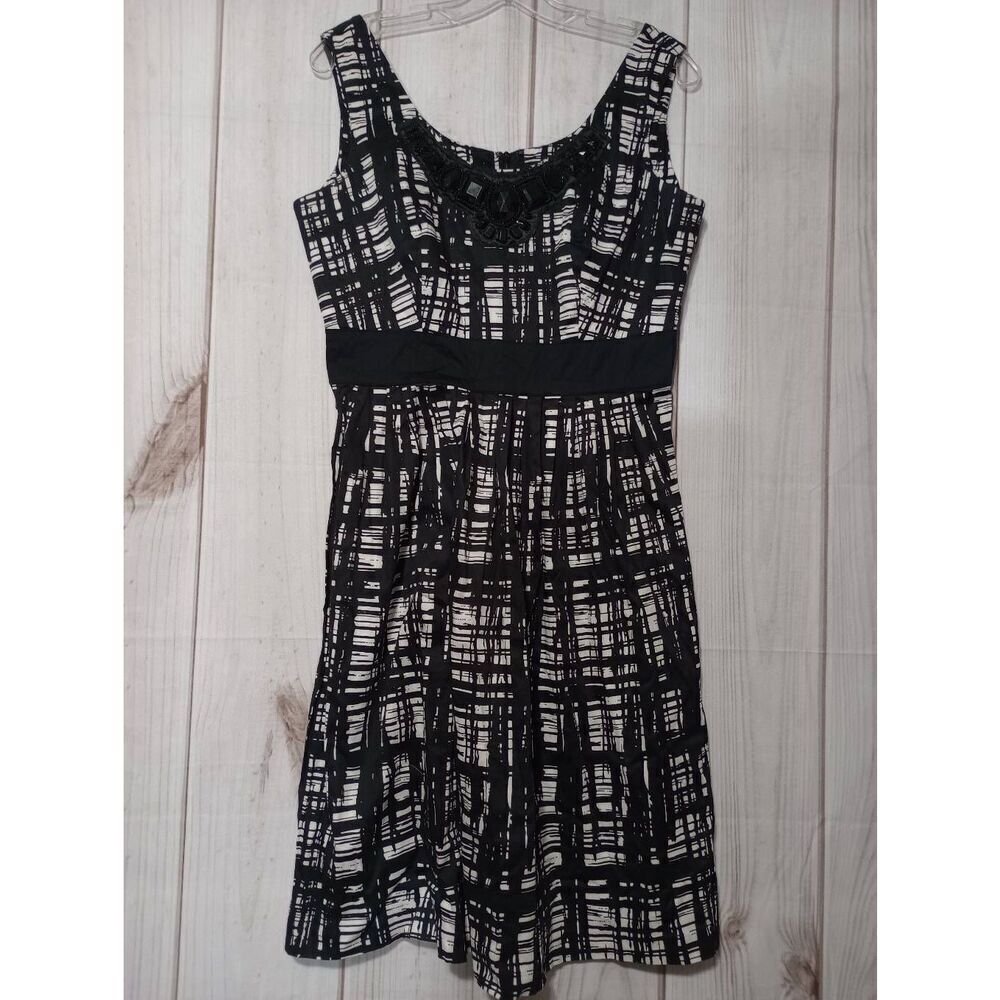 East 5th Black White Plaid Sheath Dress Embellished Neckline Size 8